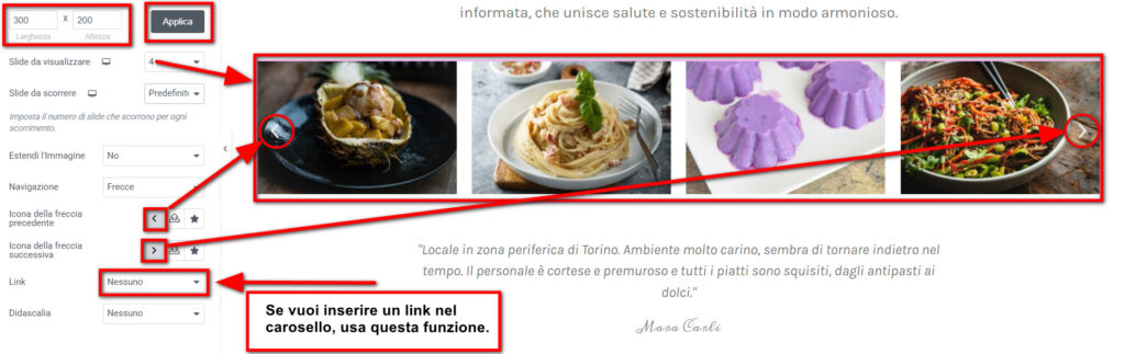 Altre impostazioni del carosello immagini