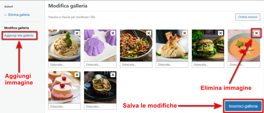Inserisci o elimina immagini dalla galleria del widget Carosello di immagini.
