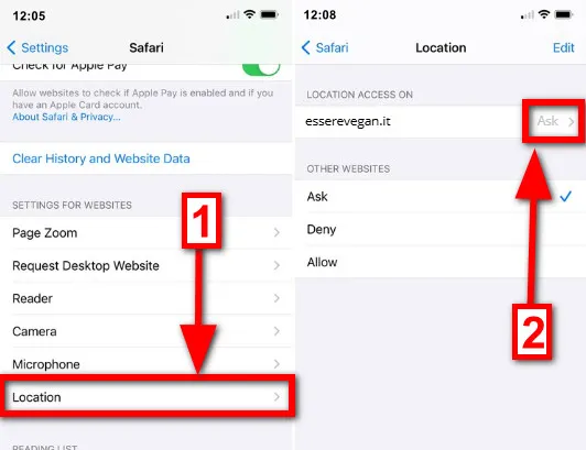 Annullare le autorizzazioni per la posizione su browser Safari iOS