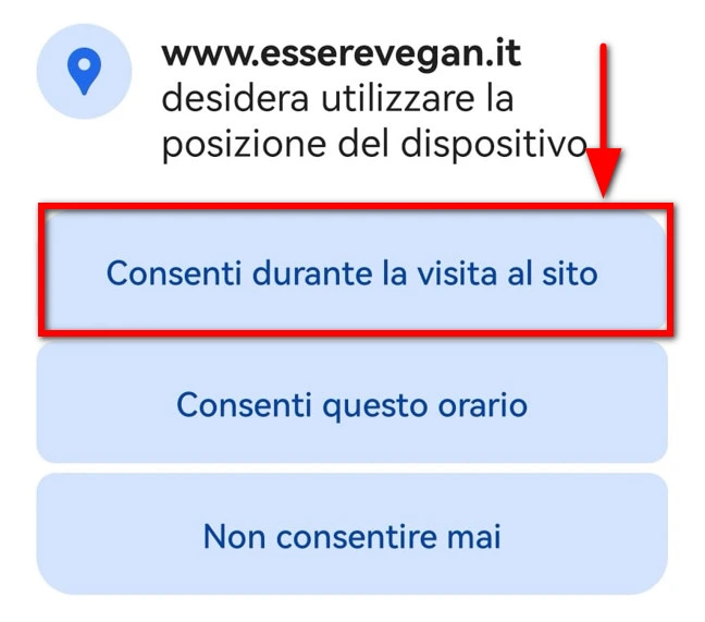 Autorizzazione di un sito web alla posizione - Browser Edge per Android