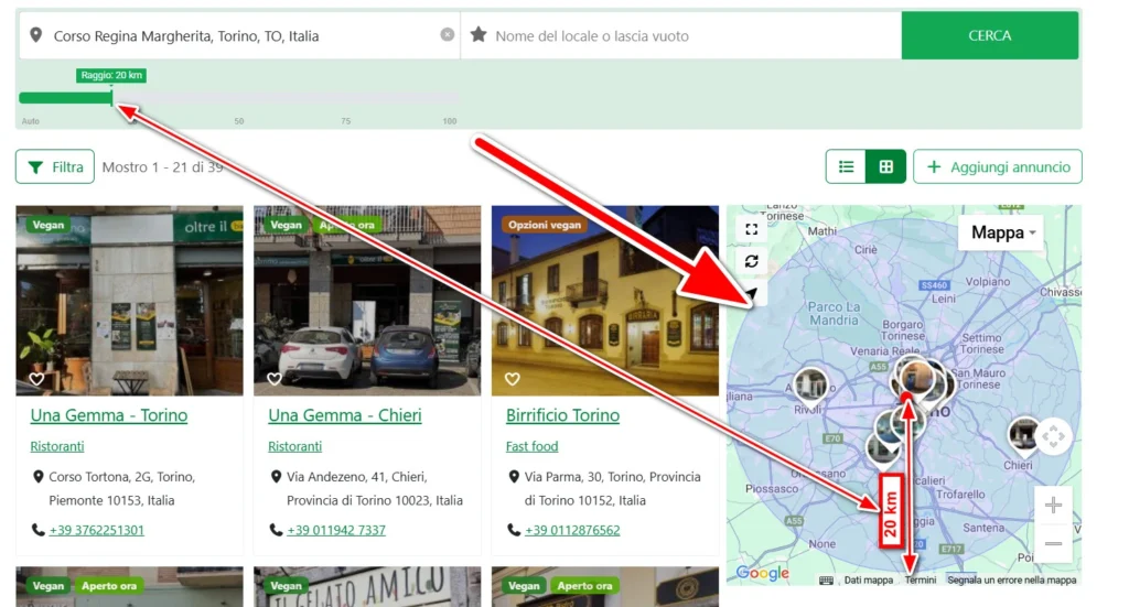 Un cerchio azzurro delimita l'area di ricerca