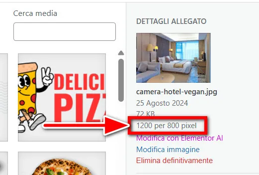 Come sapere quali sono le dimensioni di un'immagine presente nella libreira dei media di wordpress