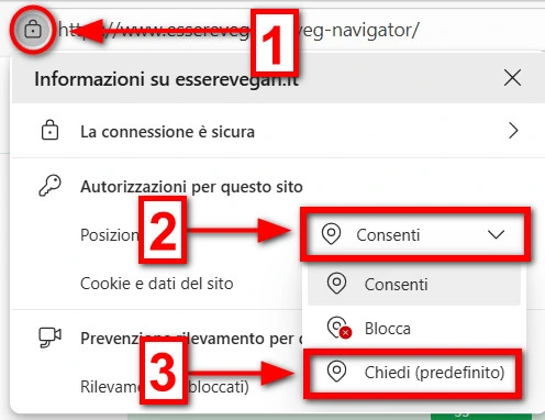 Disattivare la posizione su un sito web aperto da Edge su Windows