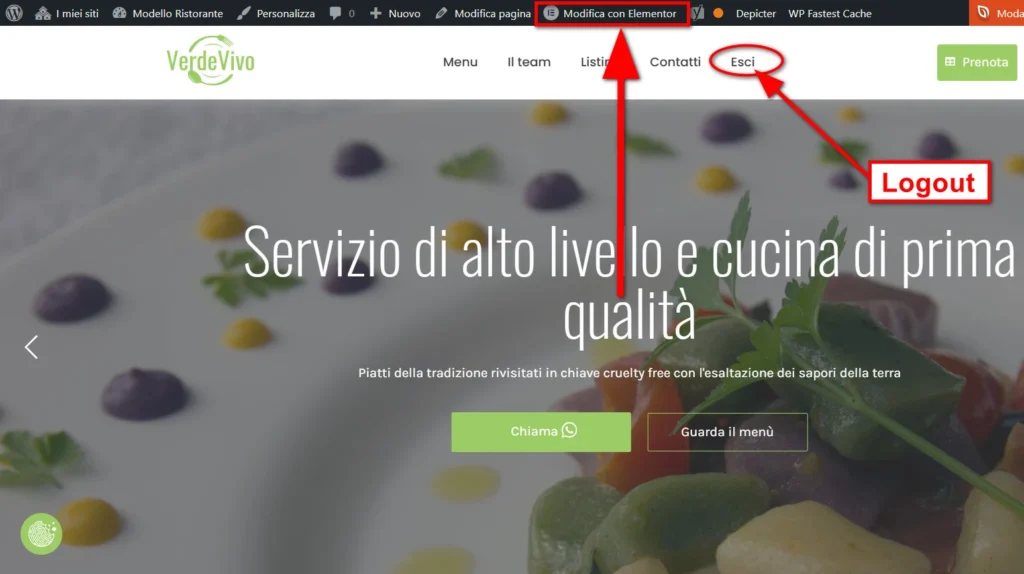 Login veg Navigator e modifica con Elementor