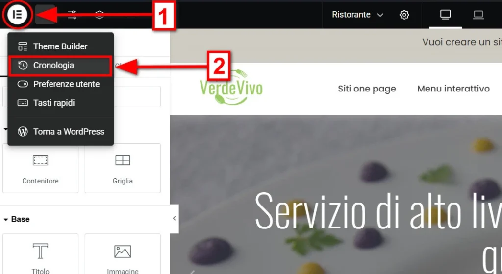 Menu impostazioni al ripristino delle pagine con Elementor