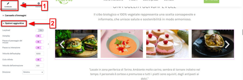 Opzioni aggiuntice widget Carosello immagini