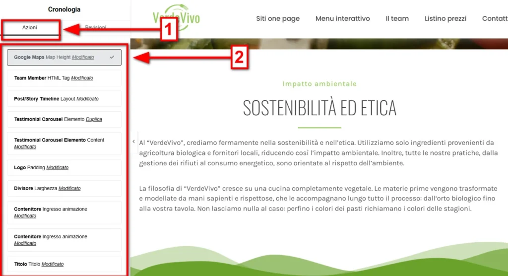 Strumento "Azione" per il ripristino delle pagine con Elementor