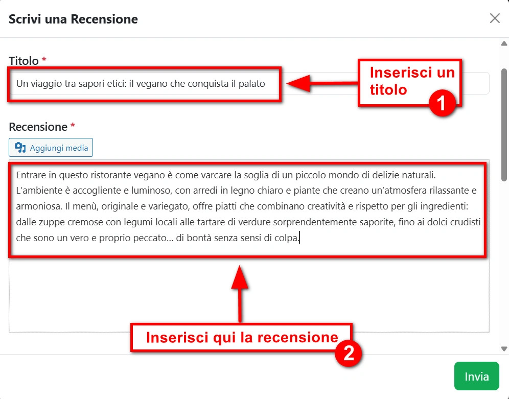 Campi di inserimento del titolo e della recensione su Veg Navigator